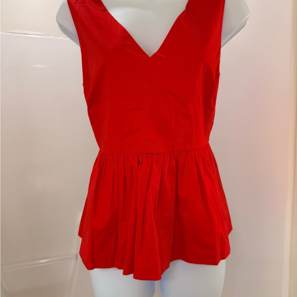 BNWT J.Crew Always Bright Red Cotton Peplum Top | Deep V-Neck | Size 2